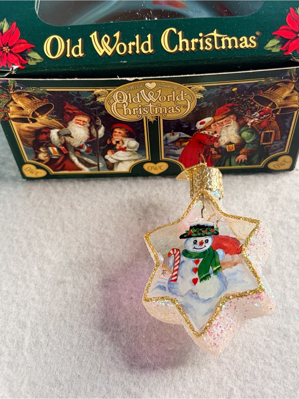 Rare Old World Christmas Glass Ornament Snowman Santa Double Sided Glitter Box